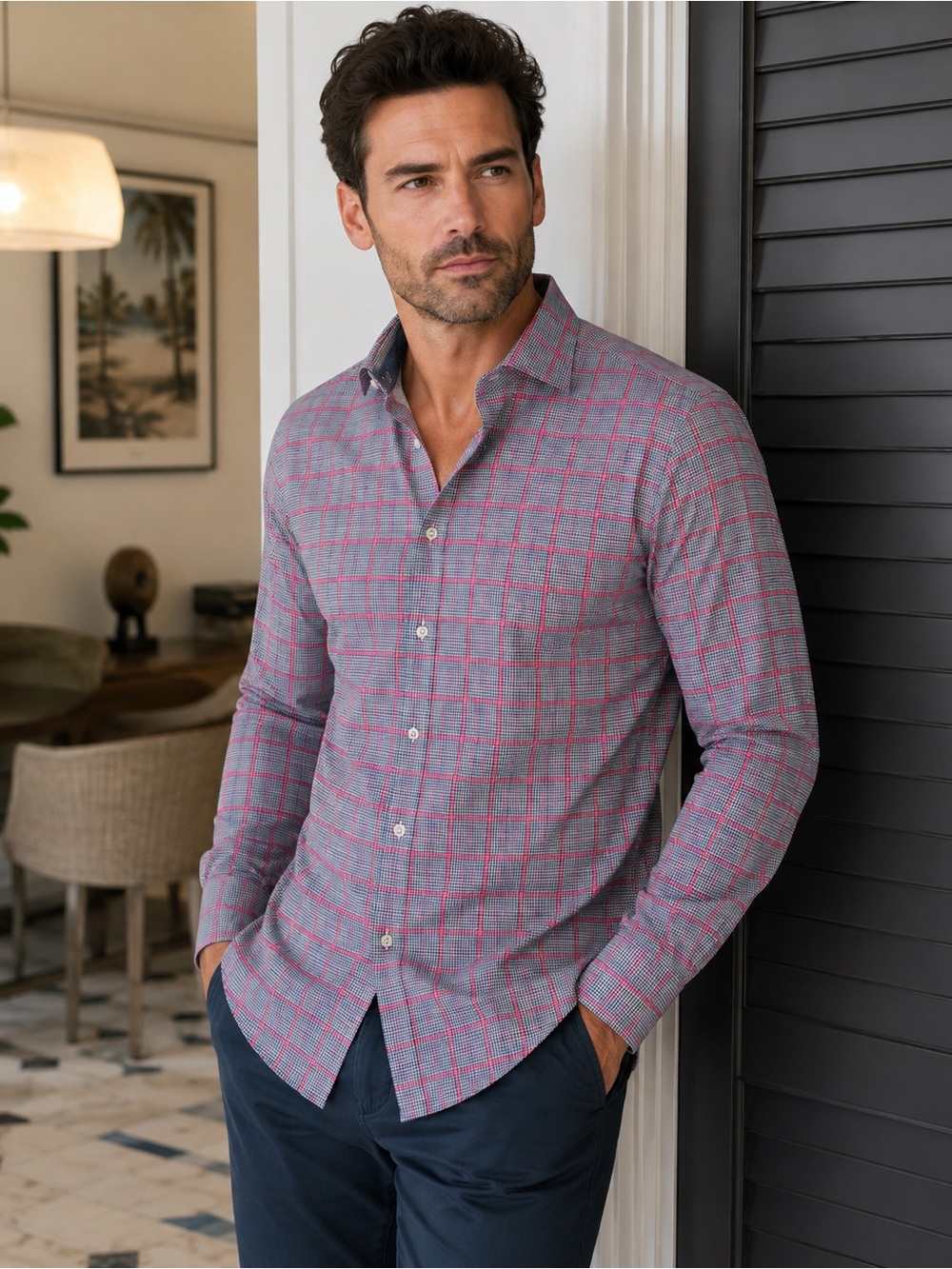Bugatchi Pink Windowpane on Gray Men's Button-Down Shirt